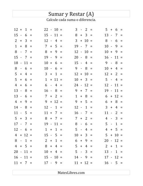 La hoja de ejercicios de 100 Preguntas Horizontales de Suma y Resta (de 1 a 12) (A)