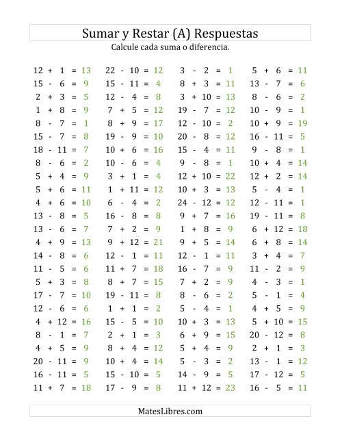 La hoja de ejercicios de 100 Preguntas Horizontales de Suma y Resta (de 1 a 12) (A) Página 2
