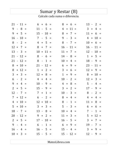 La hoja de ejercicios de 100 Preguntas Horizontales de Suma y Resta (de 1 a 12) (B)