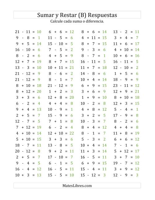 La hoja de ejercicios de 100 Preguntas Horizontales de Suma y Resta (de 1 a 12) (B) Página 2