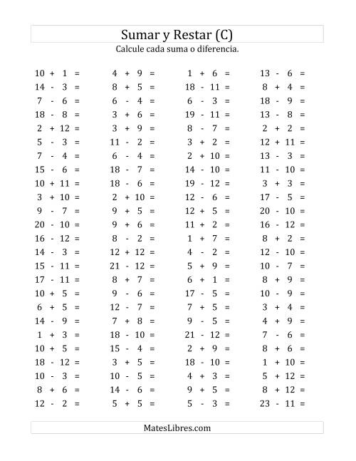 La hoja de ejercicios de 100 Preguntas Horizontales de Suma y Resta (de 1 a 12) (C)
