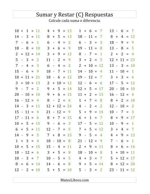 La hoja de ejercicios de 100 Preguntas Horizontales de Suma y Resta (de 1 a 12) (C) Página 2