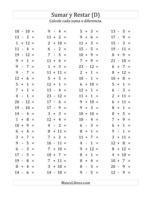 La hoja de ejercicios de 100 Preguntas Horizontales de Suma y Resta (de 1 a 12) (D)