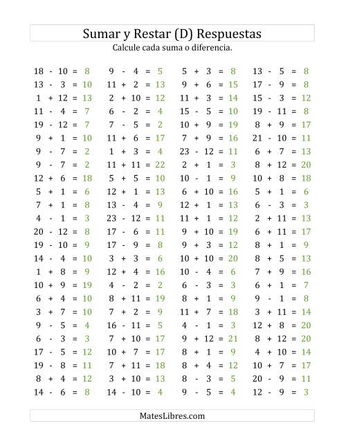 La hoja de ejercicios de 100 Preguntas Horizontales de Suma y Resta (de 1 a 12) (D) Página 2