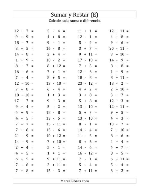 La hoja de ejercicios de 100 Preguntas Horizontales de Suma y Resta (de 1 a 12) (E)