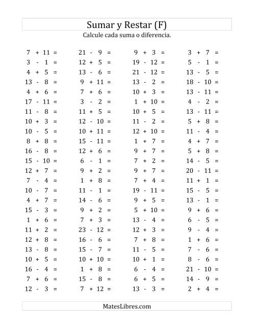 La hoja de ejercicios de 100 Preguntas Horizontales de Suma y Resta (de 1 a 12) (F)