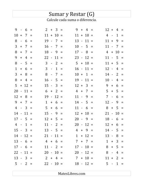 La hoja de ejercicios de 100 Preguntas Horizontales de Suma y Resta (de 1 a 12) (G)