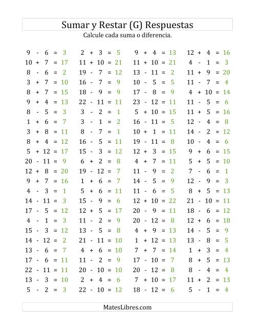 La hoja de ejercicios de 100 Preguntas Horizontales de Suma y Resta (de 1 a 12) (G) Página 2