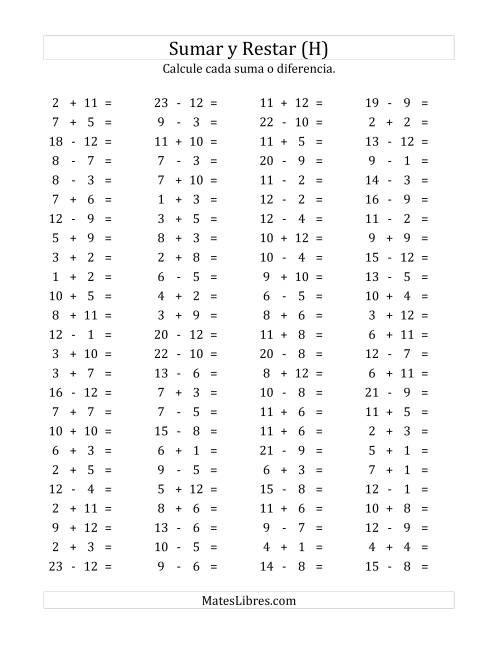 La hoja de ejercicios de 100 Preguntas Horizontales de Suma y Resta (de 1 a 12) (H)