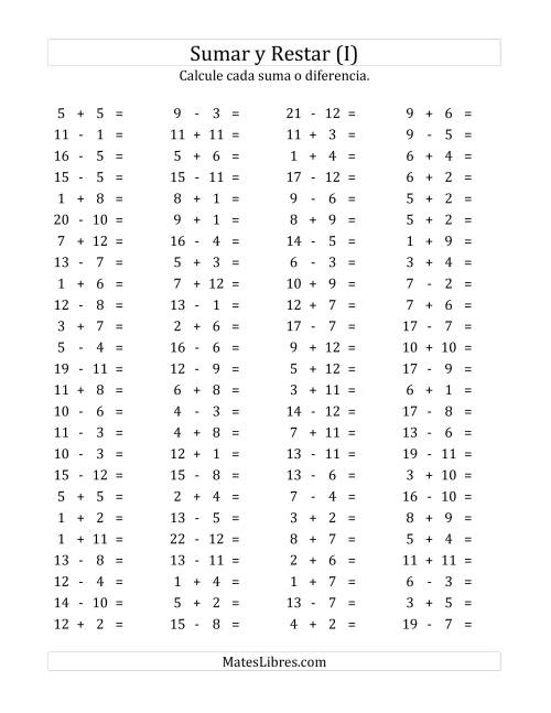 La hoja de ejercicios de 100 Preguntas Horizontales de Suma y Resta (de 1 a 12) (I)