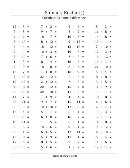 La hoja de ejercicios de 100 Preguntas Horizontales de Suma y Resta (de 1 a 12) (J)