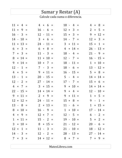 La hoja de ejercicios de 100 Preguntas Horizontales de Suma y Resta (de 1 a 15) (A)