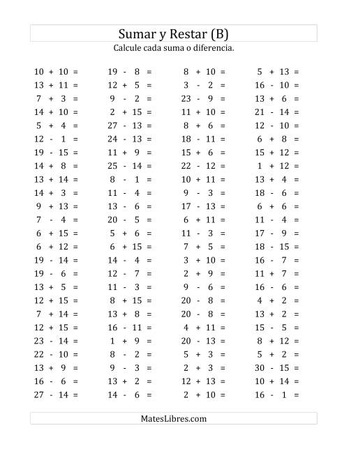 La hoja de ejercicios de 100 Preguntas Horizontales de Suma y Resta (de 1 a 15) (B)