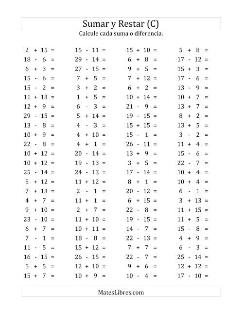 La hoja de ejercicios de 100 Preguntas Horizontales de Suma y Resta (de 1 a 15) (C)