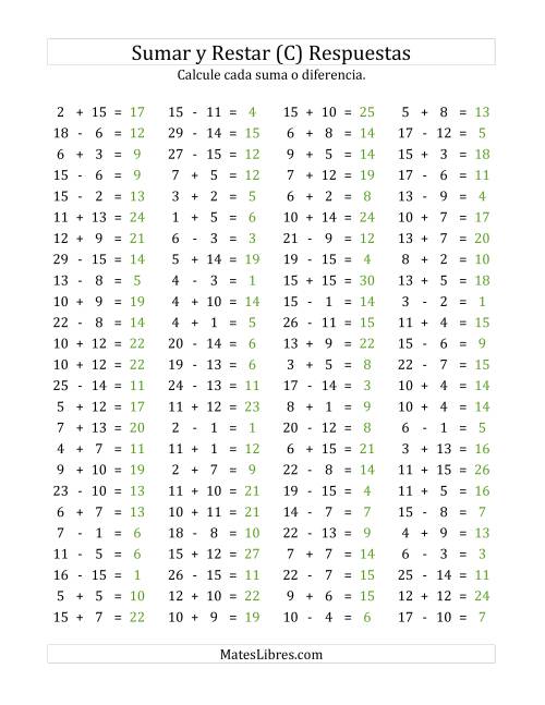 La hoja de ejercicios de 100 Preguntas Horizontales de Suma y Resta (de 1 a 15) (C) Página 2