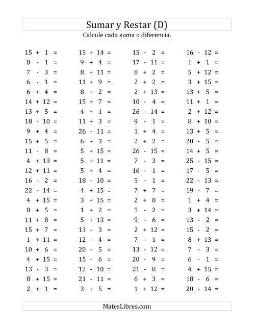 La hoja de ejercicios de 100 Preguntas Horizontales de Suma y Resta (de 1 a 15) (D)