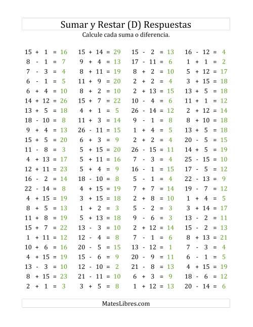 La hoja de ejercicios de 100 Preguntas Horizontales de Suma y Resta (de 1 a 15) (D) Página 2