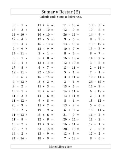 La hoja de ejercicios de 100 Preguntas Horizontales de Suma y Resta (de 1 a 15) (E)