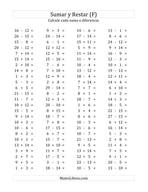 La hoja de ejercicios de 100 Preguntas Horizontales de Suma y Resta (de 1 a 15) (F)