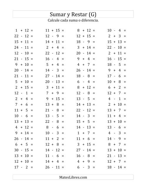 La hoja de ejercicios de 100 Preguntas Horizontales de Suma y Resta (de 1 a 15) (G)