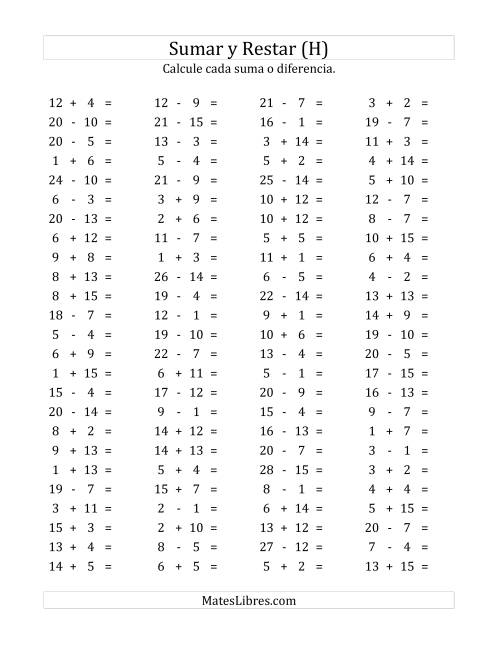 La hoja de ejercicios de 100 Preguntas Horizontales de Suma y Resta (de 1 a 15) (H)