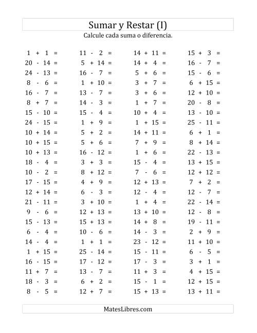 La hoja de ejercicios de 100 Preguntas Horizontales de Suma y Resta (de 1 a 15) (I)