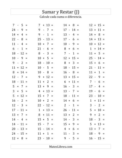 La hoja de ejercicios de 100 Preguntas Horizontales de Suma y Resta (de 1 a 15) (J)