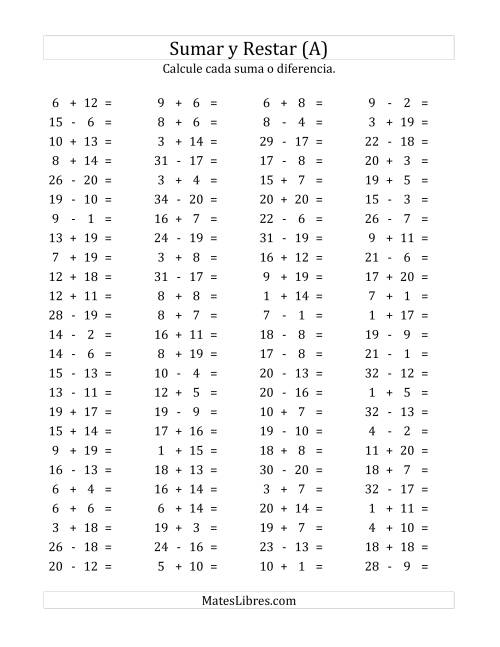 La hoja de ejercicios de 100 Preguntas Horizontales de Suma y Resta (de 1 a 20) (A)