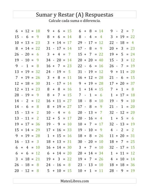 La hoja de ejercicios de 100 Preguntas Horizontales de Suma y Resta (de 1 a 20) (A) Página 2