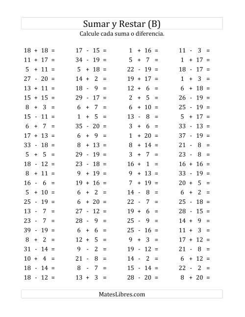 La hoja de ejercicios de 100 Preguntas Horizontales de Suma y Resta (de 1 a 20) (B)