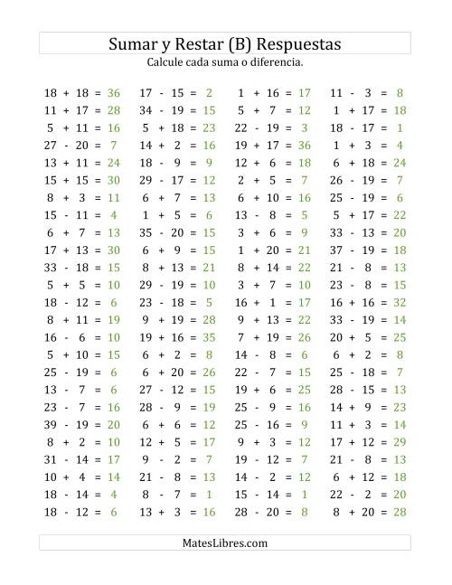 La hoja de ejercicios de 100 Preguntas Horizontales de Suma y Resta (de 1 a 20) (B) Página 2