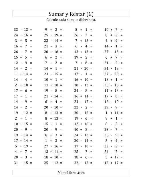 La hoja de ejercicios de 100 Preguntas Horizontales de Suma y Resta (de 1 a 20) (C)