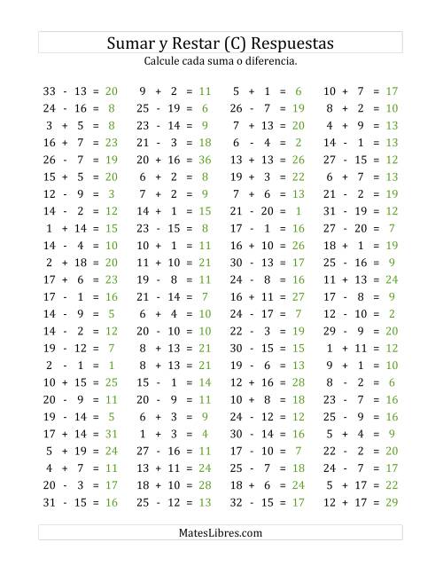 La hoja de ejercicios de 100 Preguntas Horizontales de Suma y Resta (de 1 a 20) (C) Página 2