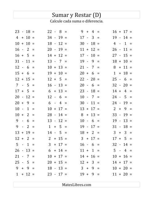 La hoja de ejercicios de 100 Preguntas Horizontales de Suma y Resta (de 1 a 20) (D)