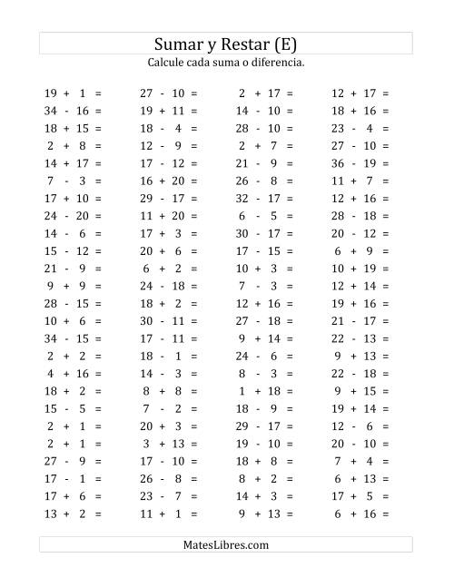 La hoja de ejercicios de 100 Preguntas Horizontales de Suma y Resta (de 1 a 20) (E)