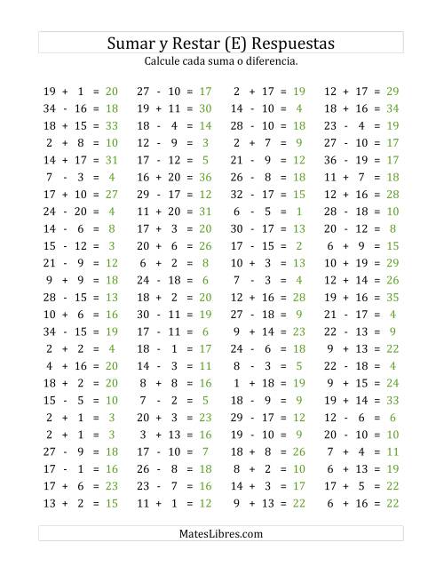 La hoja de ejercicios de 100 Preguntas Horizontales de Suma y Resta (de 1 a 20) (E) Página 2