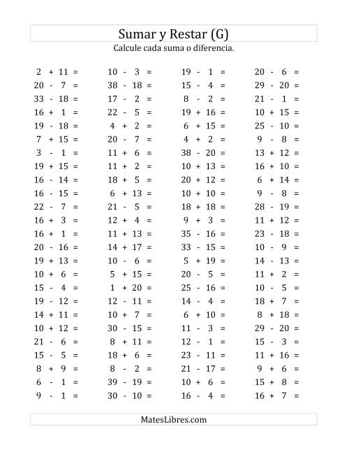 La hoja de ejercicios de 100 Preguntas Horizontales de Suma y Resta (de 1 a 20) (G)