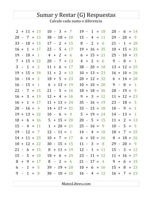 La hoja de ejercicios de 100 Preguntas Horizontales de Suma y Resta (de 1 a 20) (G) Página 2