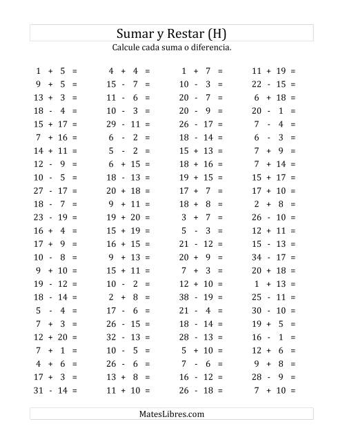 La hoja de ejercicios de 100 Preguntas Horizontales de Suma y Resta (de 1 a 20) (H)