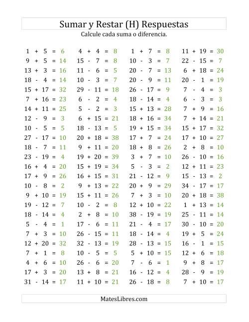 La hoja de ejercicios de 100 Preguntas Horizontales de Suma y Resta (de 1 a 20) (H) Página 2