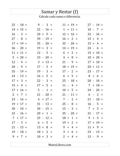 La hoja de ejercicios de 100 Preguntas Horizontales de Suma y Resta (de 1 a 20) (I)