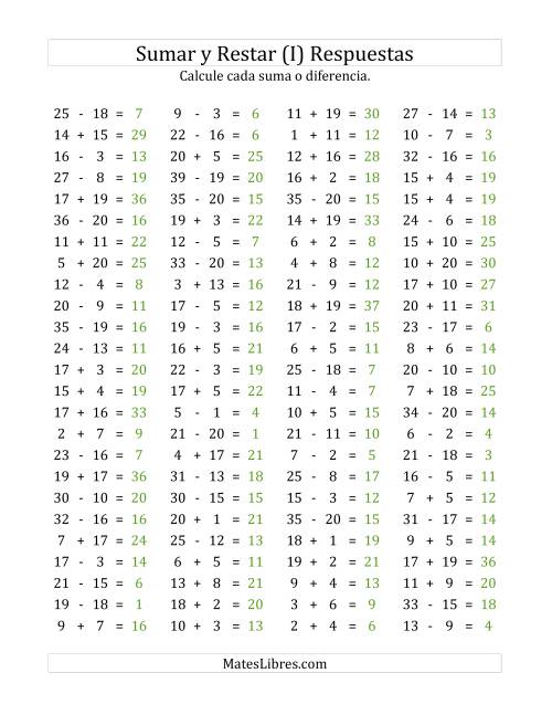 La hoja de ejercicios de 100 Preguntas Horizontales de Suma y Resta (de 1 a 20) (I) Página 2