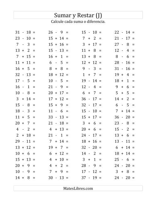 La hoja de ejercicios de 100 Preguntas Horizontales de Suma y Resta (de 1 a 20) (J)