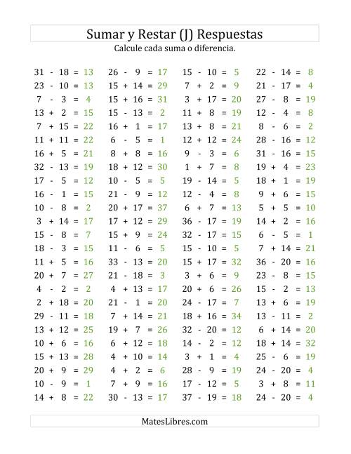 La hoja de ejercicios de 100 Preguntas Horizontales de Suma y Resta (de 1 a 20) (J) Página 2