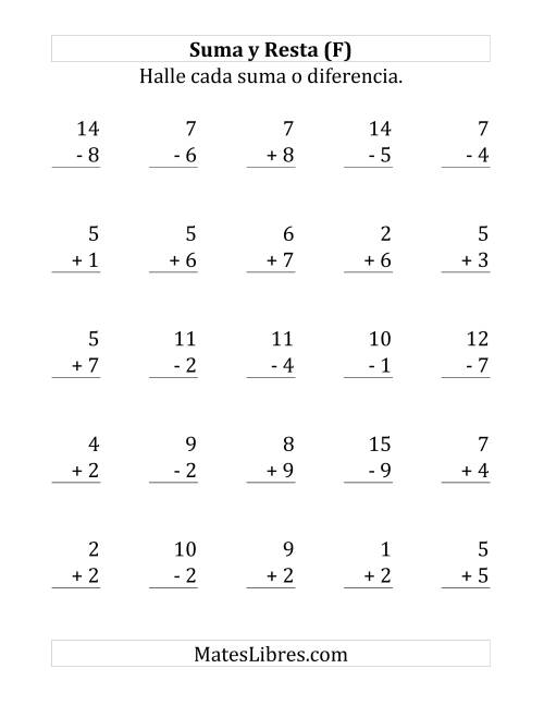 La hoja de ejercicios de 25 Ejercicios de Suma y Resta (de 1 a 9) (F)