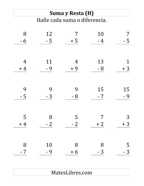 La hoja de ejercicios de 25 Ejercicios de Suma y Resta (de 1 a 9) (H)