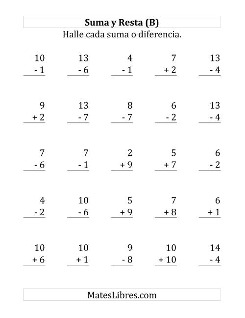 La hoja de ejercicios de 25 Ejercicios de Suma y Resta (de 1 a 10) (B)
