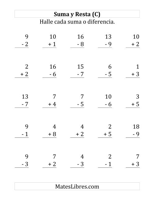 La hoja de ejercicios de 25 Ejercicios de Suma y Resta (de 1 a 10) (C)