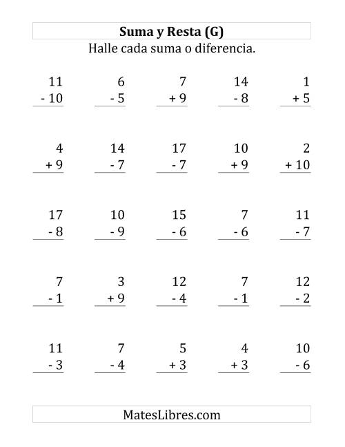 La hoja de ejercicios de 25 Ejercicios de Suma y Resta (de 1 a 10) (G)