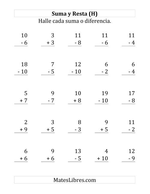 La hoja de ejercicios de 25 Ejercicios de Suma y Resta (de 1 a 10) (H)